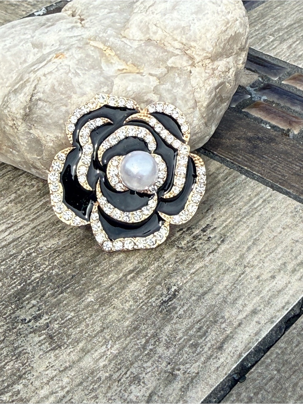 NWT Elegant Black Enamel Rose Brooch with Pearl Center